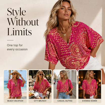Women's V-Neck Boho Print Batwing Sleeve Top