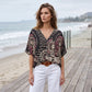 Women's V-Neck Boho Print Batwing Sleeve Top