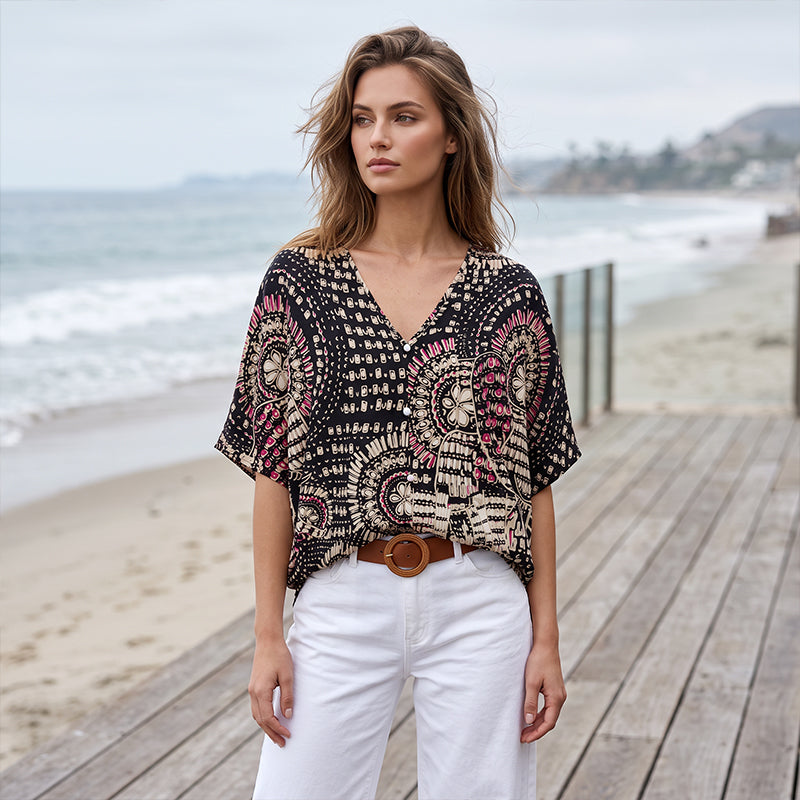 Women's V-Neck Boho Print Batwing Sleeve Top