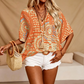 Women's V-Neck Boho Print Batwing Sleeve Top