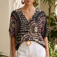 Women's V-Neck Boho Print Batwing Sleeve Top