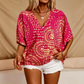 Women's V-Neck Boho Print Batwing Sleeve Top