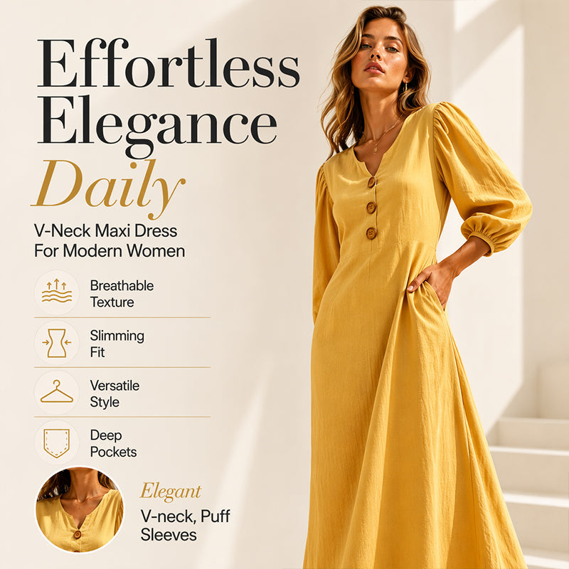 ⌛Limited-Time Offer-Women's Casual V-Neck Maxi Dress with Puff Sleeve