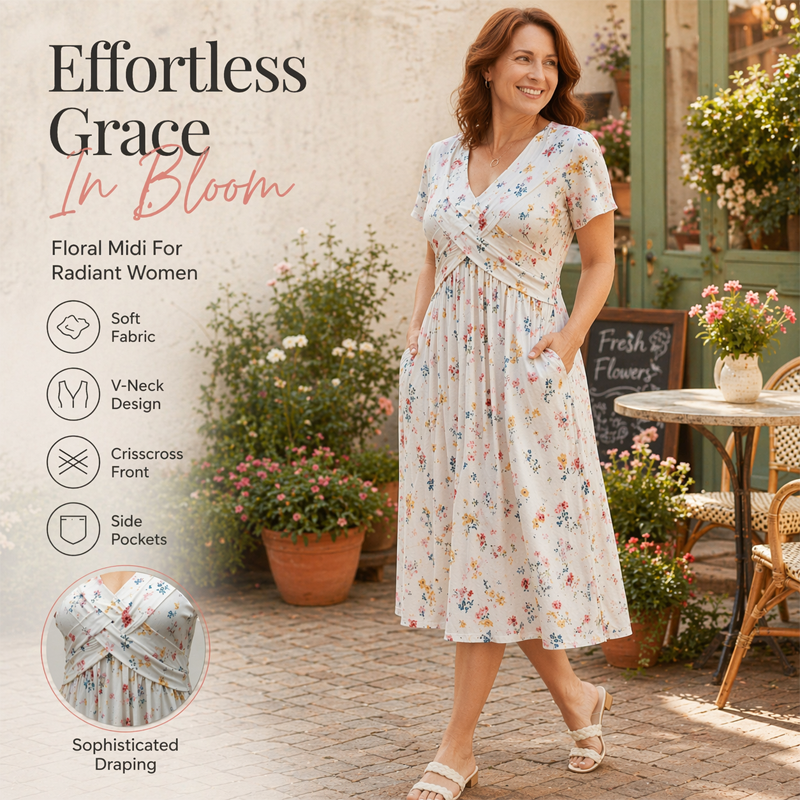 👗 50% OFF NOW! 💐Women's V-Neck Floral Twist Waist Midi Dress – with Side Pockets, Soft Flowy Casual Summer Dress