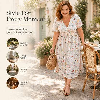 👗 50% OFF NOW! 💐Women's V-Neck Floral Twist Waist Midi Dress – with Side Pockets, Soft Flowy Casual Summer Dress