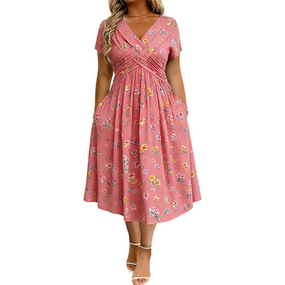 👗 50% OFF NOW! 💐Women's V-Neck Floral Twist Waist Midi Dress – with Side Pockets, Soft Flowy Casual Summer Dress