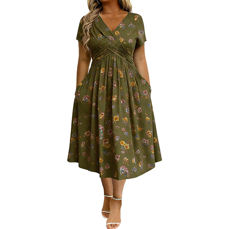 👗 50% OFF NOW! 💐Women's V-Neck Floral Twist Waist Midi Dress – with Side Pockets, Soft Flowy Casual Summer Dress
