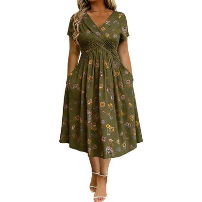 👗 50% OFF NOW! 💐Women's V-Neck Floral Twist Waist Midi Dress – with Side Pockets, Soft Flowy Casual Summer Dress