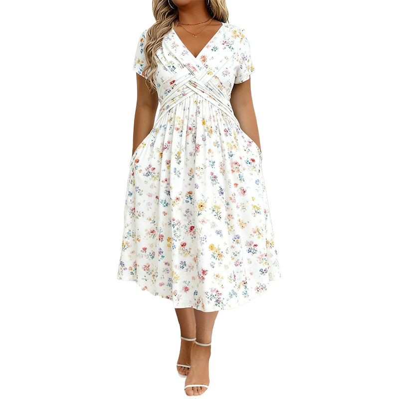 👗 50% OFF NOW! 💐Women's V-Neck Floral Twist Waist Midi Dress – with Side Pockets, Soft Flowy Casual Summer Dress
