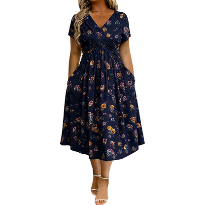 👗 50% OFF NOW! 💐Women's V-Neck Floral Twist Waist Midi Dress – with Side Pockets, Soft Flowy Casual Summer Dress