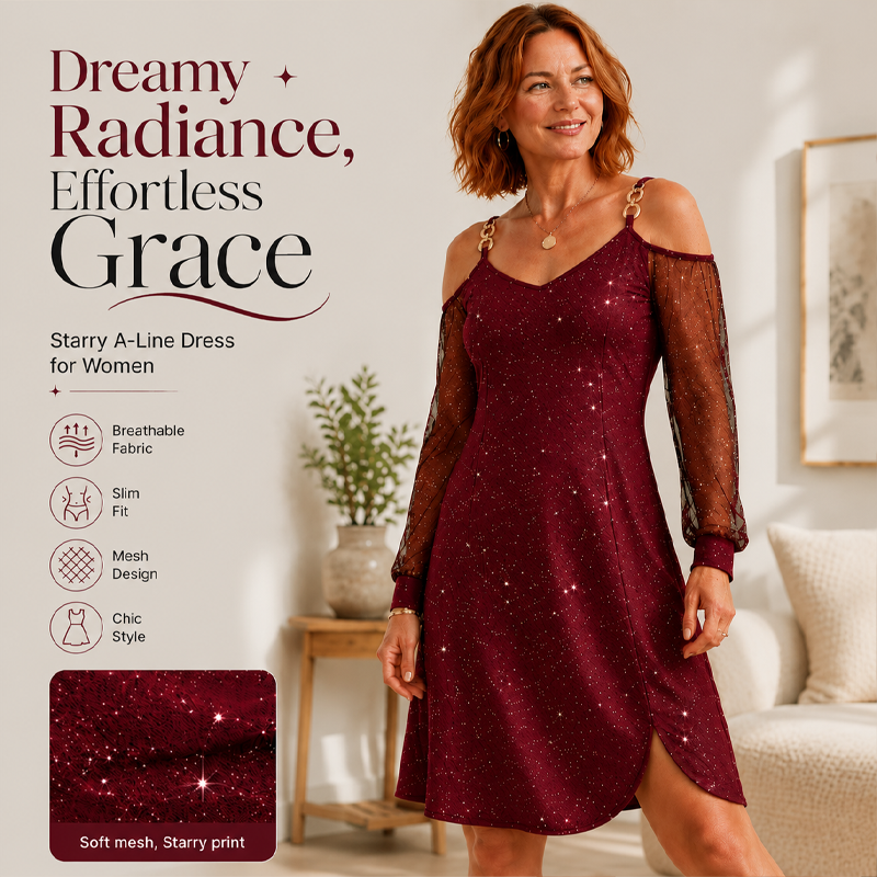 Women's Elegant Off-Shoulder Dress with Mesh Sleeves