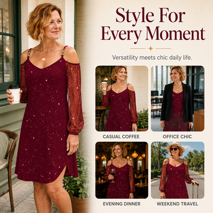 Women's Elegant Off-Shoulder Dress with Mesh Sleeves
