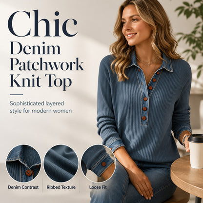 ⌛Limited-Time Offer-Women's Denim Collar Long Sleeve Patchwork Knit Top