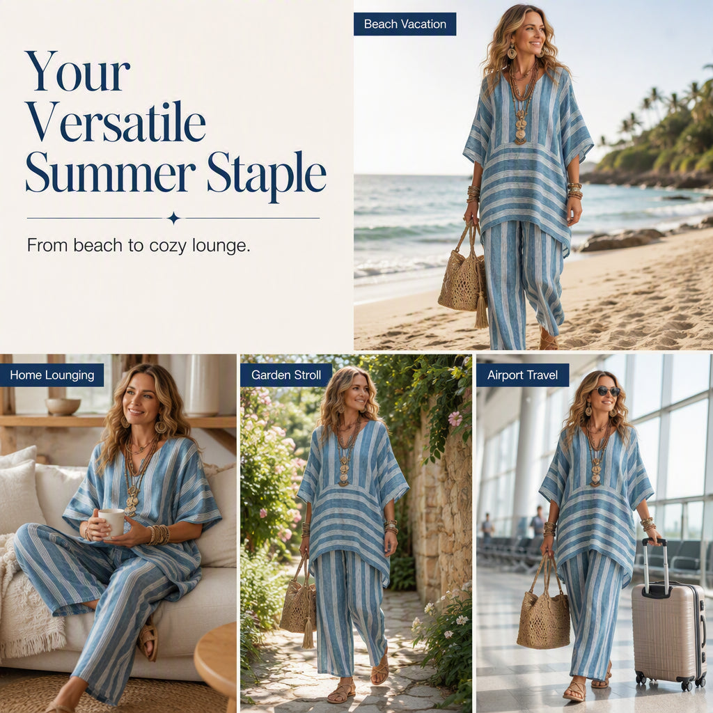 🌸Women's Loose V-Neck Striped 2-Piece Casual Set – Relaxed Oversized Fit & Effortless Style 🌿
