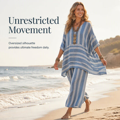 🌸Women's Loose V-Neck Striped 2-Piece Casual Set – Relaxed Oversized Fit & Effortless Style 🌿
