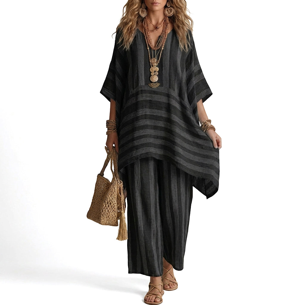 🌸Women's Loose V-Neck Striped 2-Piece Casual Set – Relaxed Oversized Fit & Effortless Style 🌿