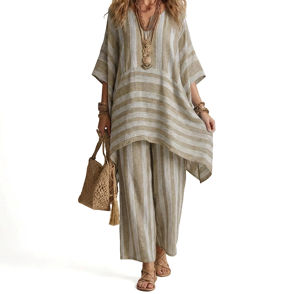 🌸Women's Loose V-Neck Striped 2-Piece Casual Set – Relaxed Oversized Fit & Effortless Style 🌿