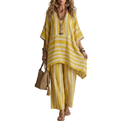🌸Women's Loose V-Neck Striped 2-Piece Casual Set – Relaxed Oversized Fit & Effortless Style 🌿