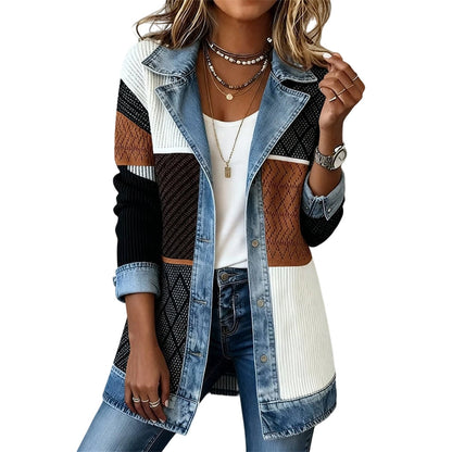 Women’s Elegant Denim Spliced Ribbed Knit Coat