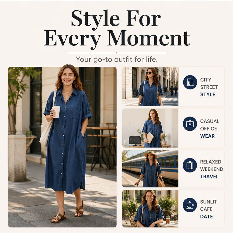 ✨🛍️Fresh Drop - Loose-Fit Denim Dress with Button Placket – Timeless Wardrobe Staple for Weekends or Travel 🍃
