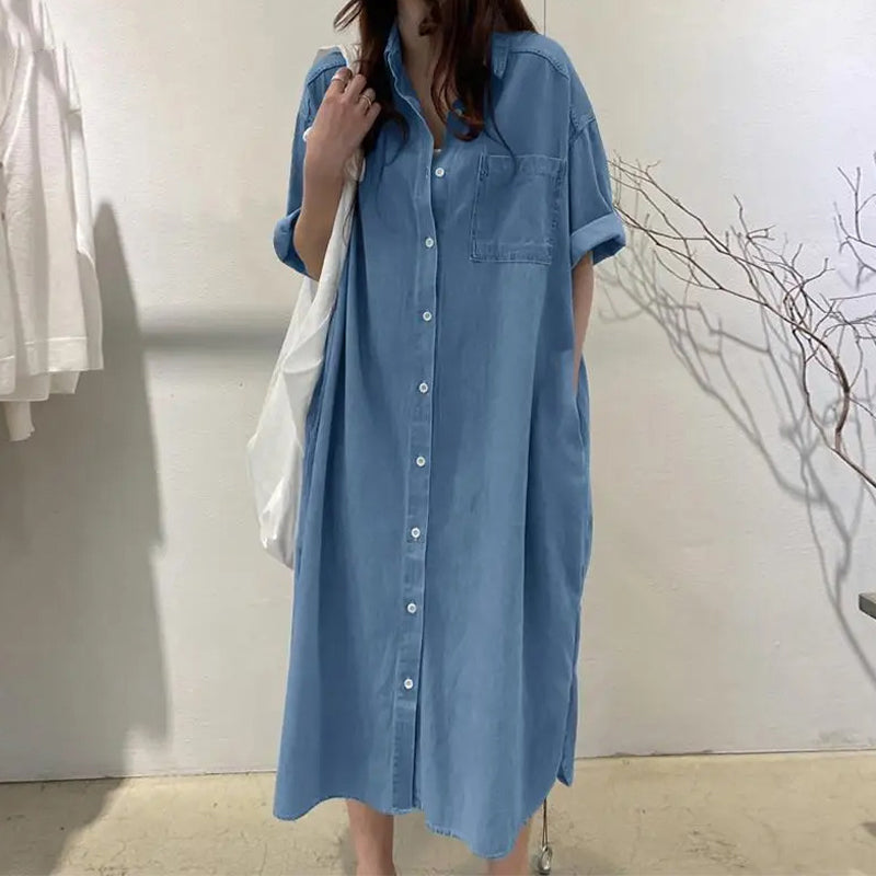 ✨🛍️Fresh Drop - Loose-Fit Denim Dress with Button Placket – Timeless Wardrobe Staple for Weekends or Travel 🍃