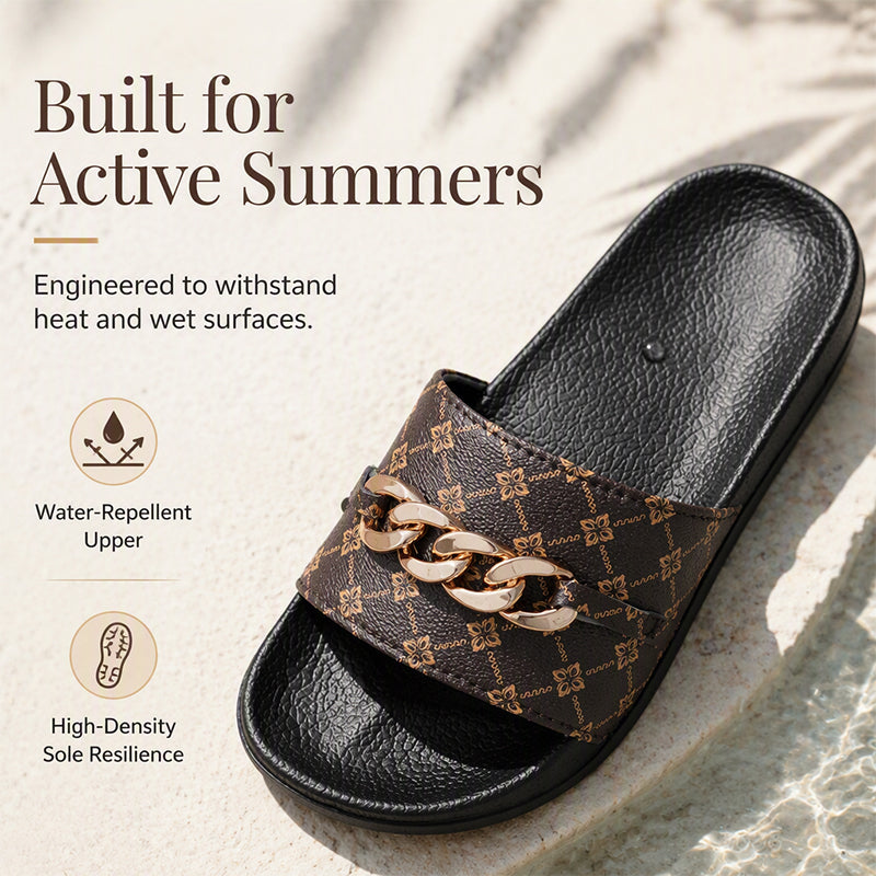 ✨ Unisex Monogram Summer Slides with Metallic Chain – Lightweight EVA Cushioning☀️