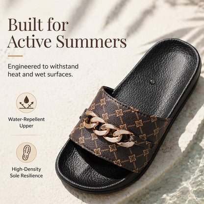 ✨ Unisex Monogram Summer Slides with Metallic Chain – Lightweight EVA Cushioning☀️