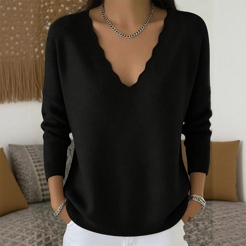 Women's Scalloped V-Neck Knit Sweater