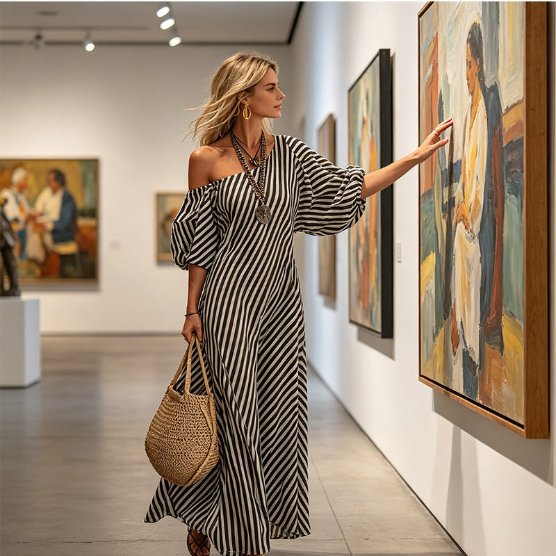 ☀️Women's One-Shoulder Striped Maxi Dress – Flowy Puff Sleeve Style With Effortless Summer Elegance 🌿