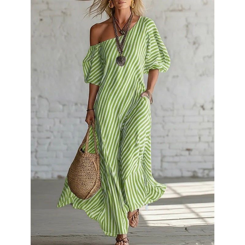 ☀️Women's One-Shoulder Striped Maxi Dress – Flowy Puff Sleeve Style With Effortless Summer Elegance 🌿