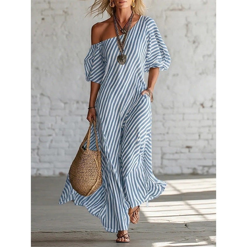 ☀️Women's One-Shoulder Striped Maxi Dress – Flowy Puff Sleeve Style With Effortless Summer Elegance 🌿