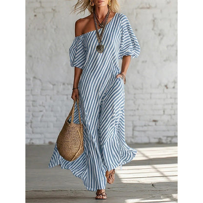 ☀️Women's One-Shoulder Striped Maxi Dress – Flowy Puff Sleeve Style With Effortless Summer Elegance 🌿