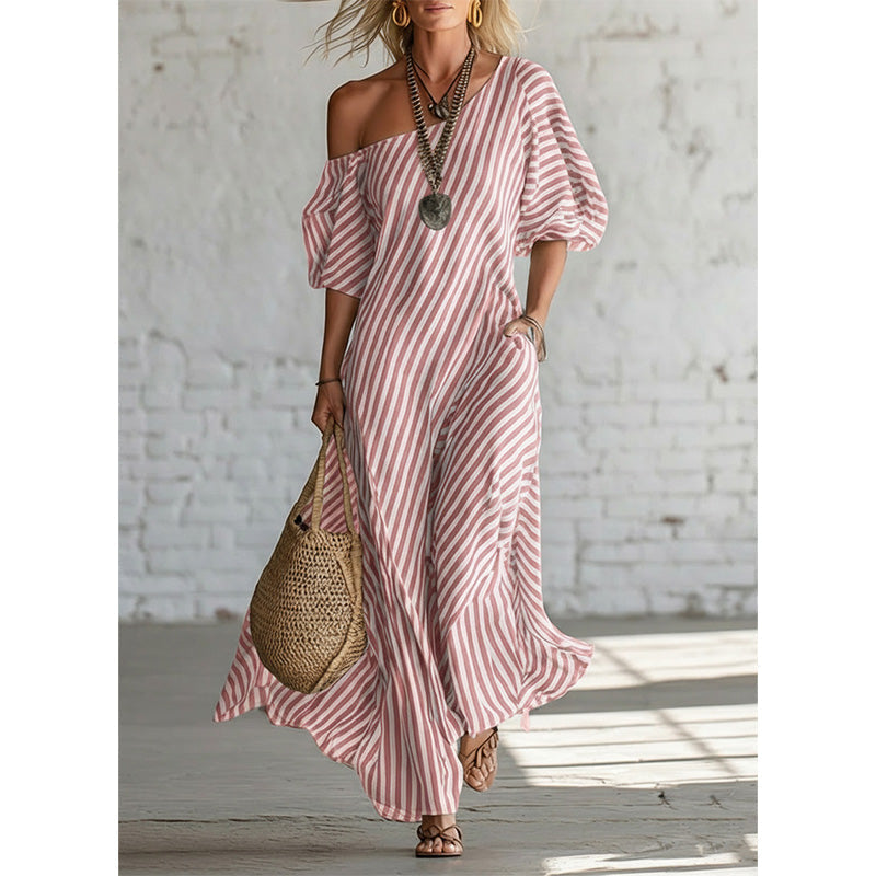 ☀️Women's One-Shoulder Striped Maxi Dress – Flowy Puff Sleeve Style With Effortless Summer Elegance 🌿
