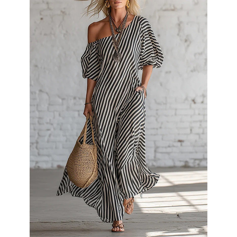 ☀️Women's One-Shoulder Striped Maxi Dress – Flowy Puff Sleeve Style With Effortless Summer Elegance 🌿