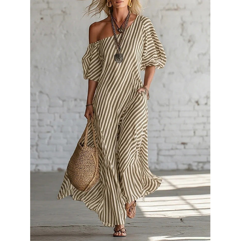 ☀️Women's One-Shoulder Striped Maxi Dress – Flowy Puff Sleeve Style With Effortless Summer Elegance 🌿