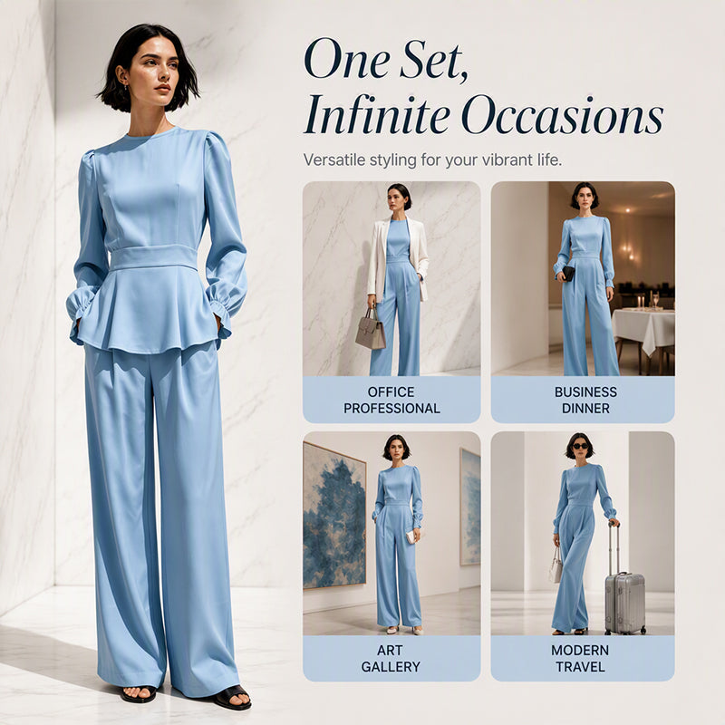 🌸Hot Sale 50% OFF💖Women's Elegant Puff Sleeve Top & Wide-Leg Pants Set