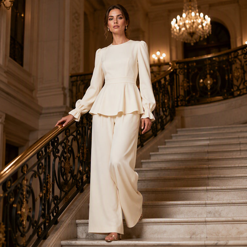 🌸Hot Sale 50% OFF💖Women's Elegant Puff Sleeve Top & Wide-Leg Pants Set