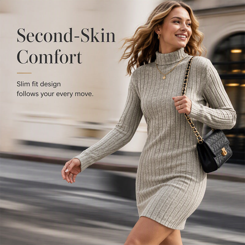 🌸Hot Sale 50% OFF💖Women's Ribbed Turtleneck Long Sleeve Sweater Dress