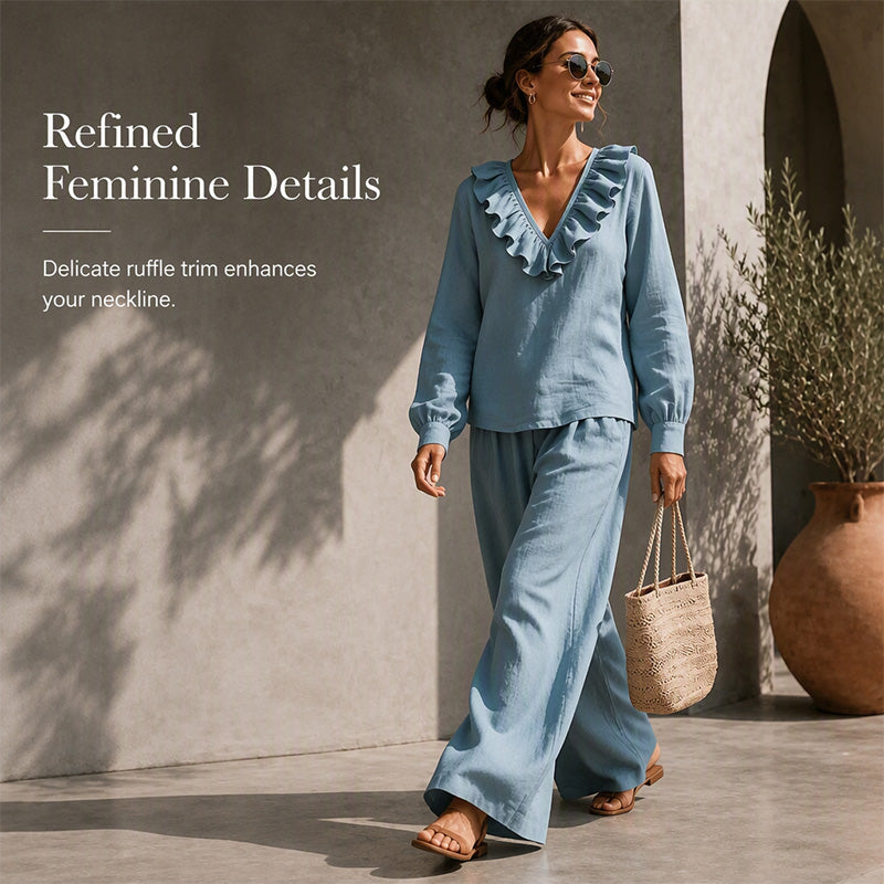 🌸Hot Sale 50% OFF💖Women's Resort Style V-Neck 2-Piece Outfit Loose Long Sleeve Top Wide Leg Pants Set