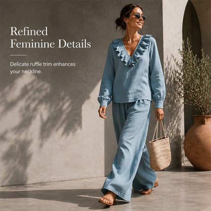 🌸Hot Sale 50% OFF💖Women's Resort Style V-Neck 2-Piece Outfit Loose Long Sleeve Top Wide Leg Pants Set