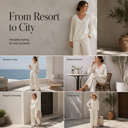 🌸Hot Sale 50% OFF💖Women's Resort Style V-Neck 2-Piece Outfit Loose Long Sleeve Top Wide Leg Pants Set