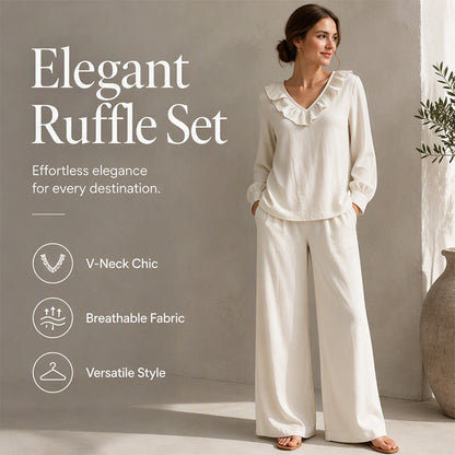 🌸Hot Sale 50% OFF💖Women's Resort Style V-Neck 2-Piece Outfit Loose Long Sleeve Top Wide Leg Pants Set