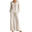 🌸Hot Sale 50% OFF💖Women's Resort Style V-Neck 2-Piece Outfit Loose Long Sleeve Top Wide Leg Pants Set