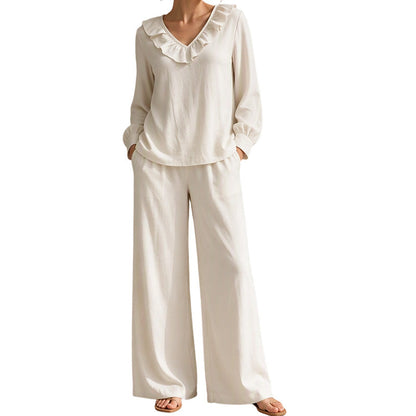🌸Hot Sale 50% OFF💖Women's Resort Style V-Neck 2-Piece Outfit Loose Long Sleeve Top Wide Leg Pants Set