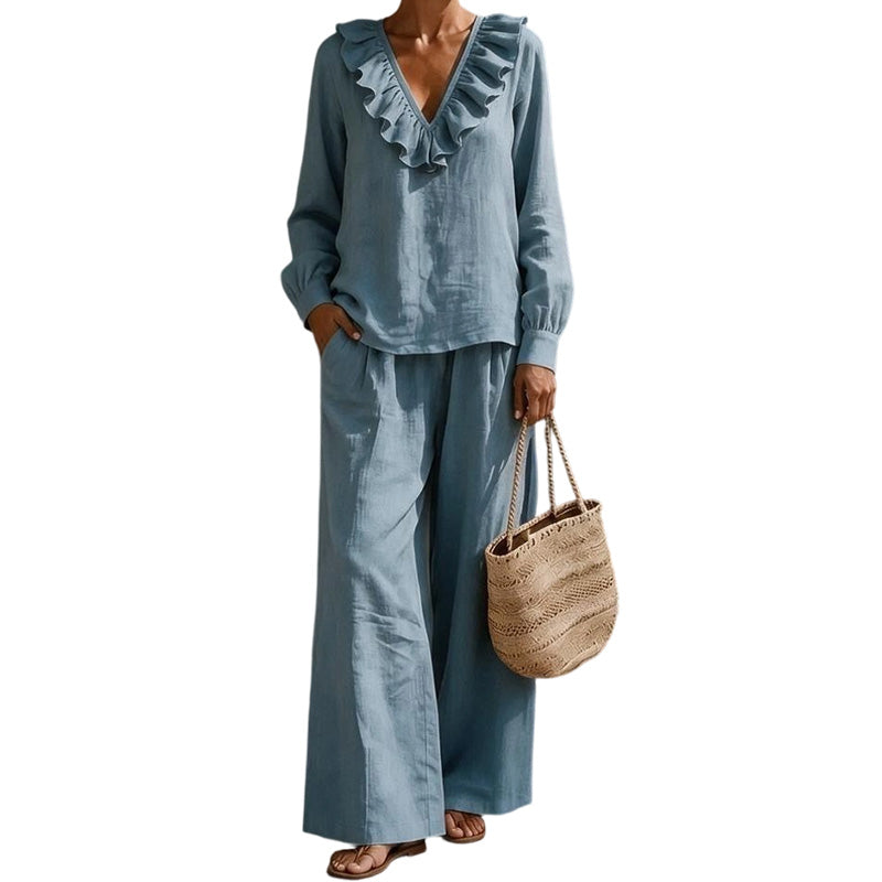 🌸Hot Sale 50% OFF💖Women's Resort Style V-Neck 2-Piece Outfit Loose Long Sleeve Top Wide Leg Pants Set