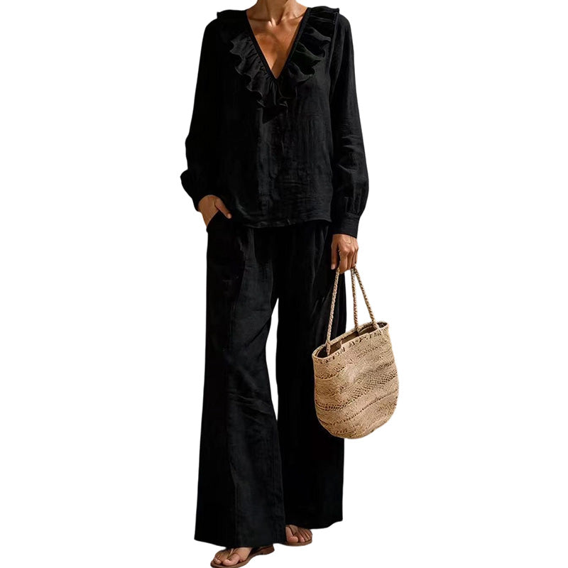 🌸Hot Sale 50% OFF💖Women's Resort Style V-Neck 2-Piece Outfit Loose Long Sleeve Top Wide Leg Pants Set