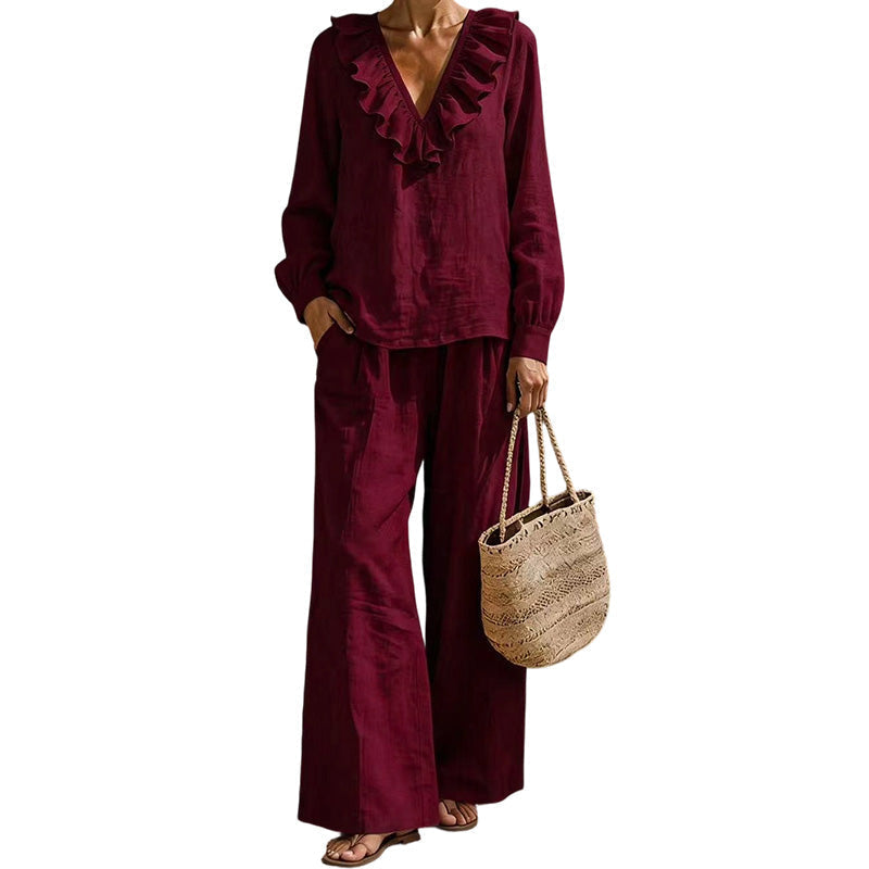 🌸Hot Sale 50% OFF💖Women's Resort Style V-Neck 2-Piece Outfit Loose Long Sleeve Top Wide Leg Pants Set
