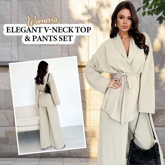 🌸Hot Sale 50% OFF💖Women’s Elegant V-Neck Top & Wide-Leg Pants 2-Piece Set