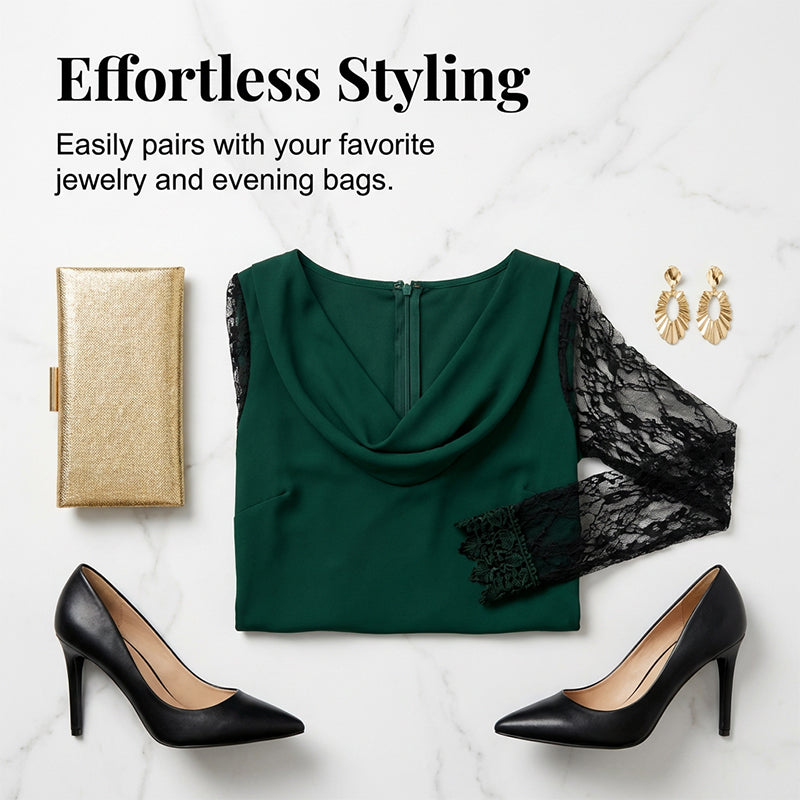 🌸Hot Sale 50% OFF💖Elegant Cowl Neck A-Line Dress with Lace Sleeve