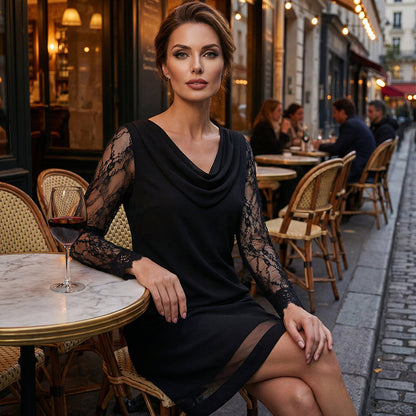 🌸Hot Sale 50% OFF💖Elegant Cowl Neck A-Line Dress with Lace Sleeve